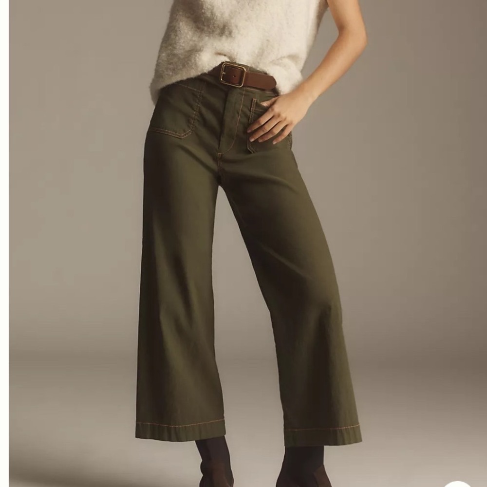 Anthropologie Maeve The Colette Wide Leg Linen Pants Olive Green Cropped Size 32